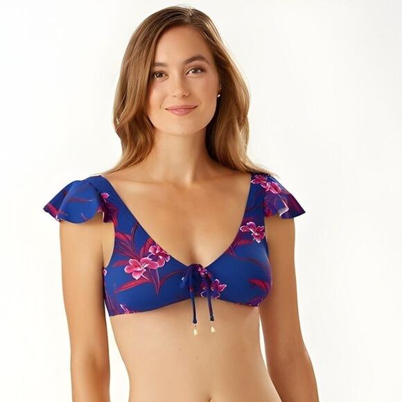 Tommy Bahama Oasis Blossoms Flutter Sleeve Bikini Top Blue Sapphire Size S NEW - Picture 1 of 3
